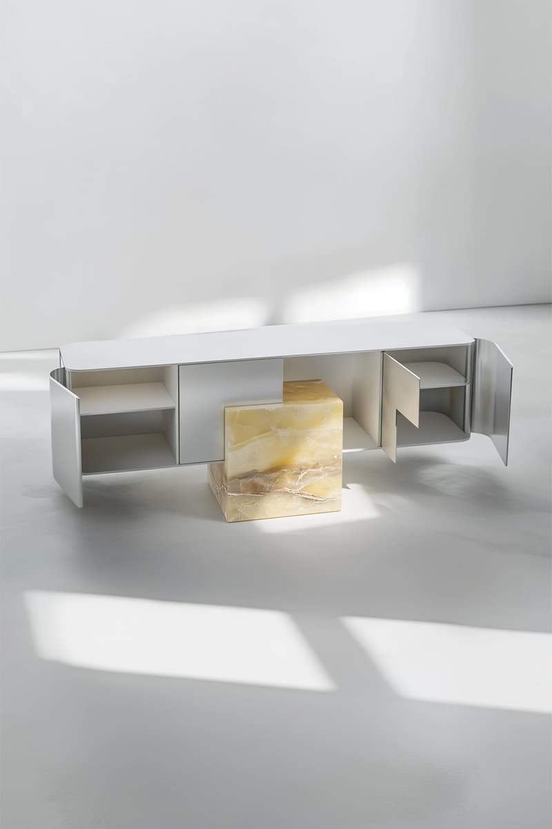 Slash Objects “Between the Lightness and the Darkness” Furniture design Coexist Credenza Aluminum Green Onyx Coexist Bench  Stainless Steel Coexist Mirror Green Onyx  Adri Chair Stainless Steel  