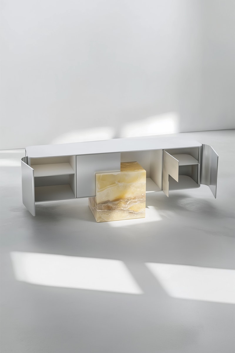 Slash Objects “Between the Lightness and the Darkness” Furniture design Coexist Credenza Aluminum Green Onyx Coexist Bench  Stainless Steel Coexist Mirror Green Onyx  Adri Chair Stainless Steel  