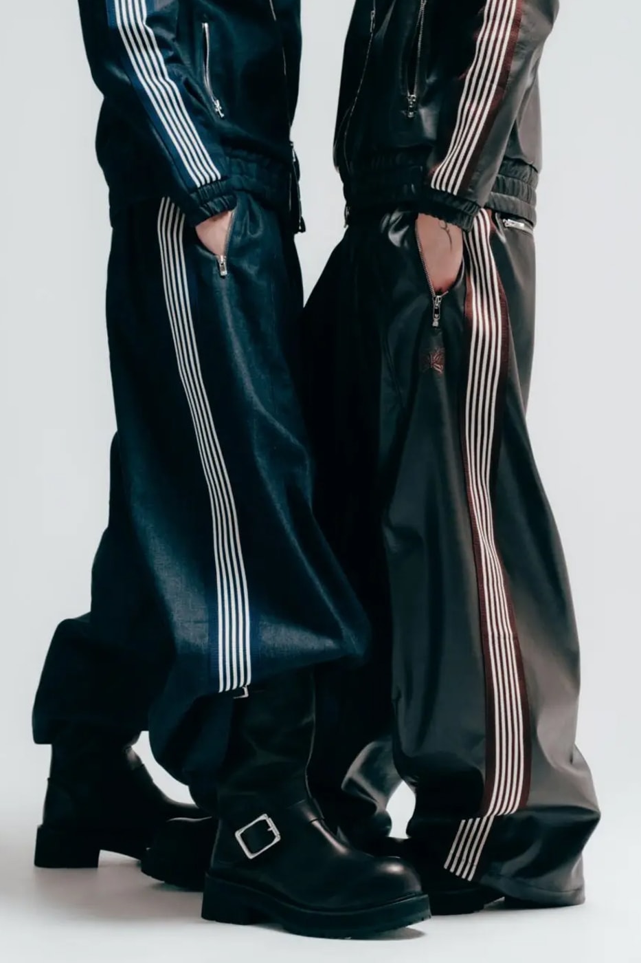 NEEDLES and NUBIAN Unveil FW25 Exclusive Capsule track suit high shine denim satin synthetic leather