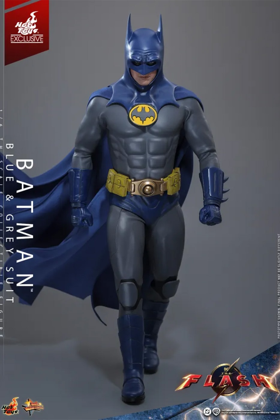 Hot Toys Batman (Blue & Grey Suit) sixth scale figure with blue cowl, wired cape, yellow utility belt and full accessory display