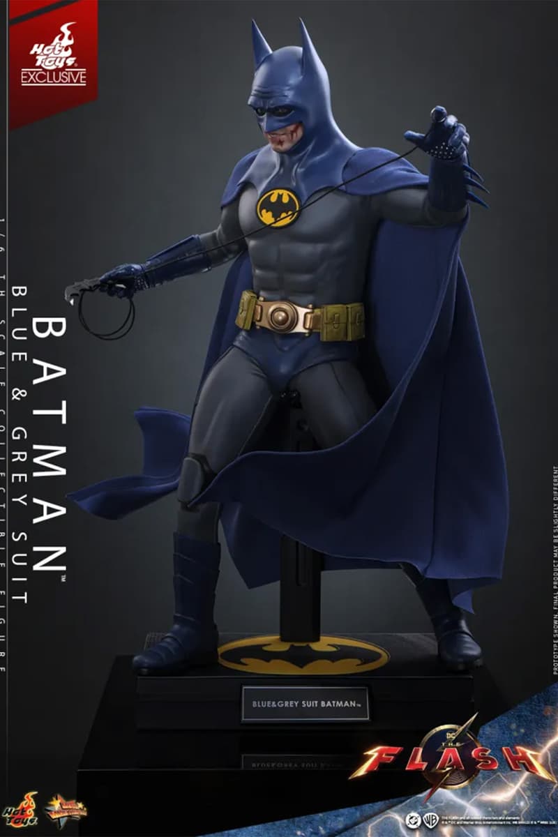 Hot Toys Batman (Blue & Grey Suit) sixth scale figure with blue cowl, wired cape, yellow utility belt and full accessory display