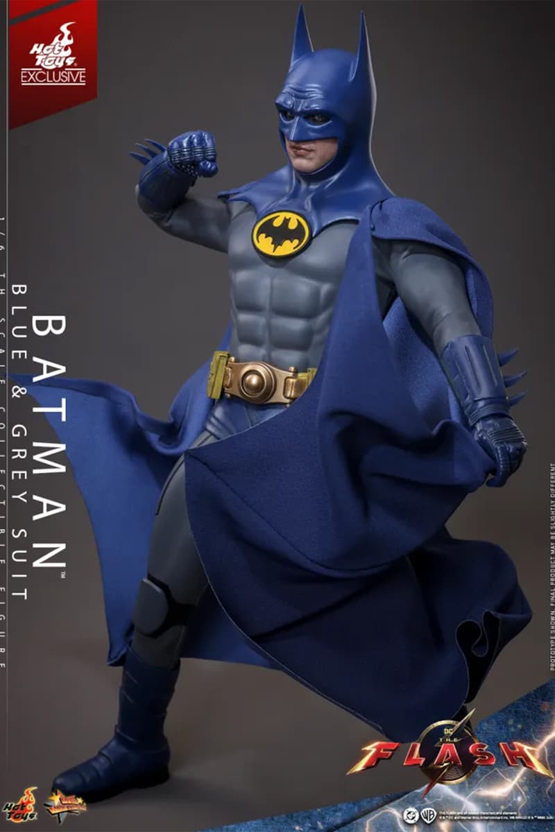 Hot Toys Batman (Blue & Grey Suit) sixth scale figure with blue cowl, wired cape, yellow utility belt and full accessory display