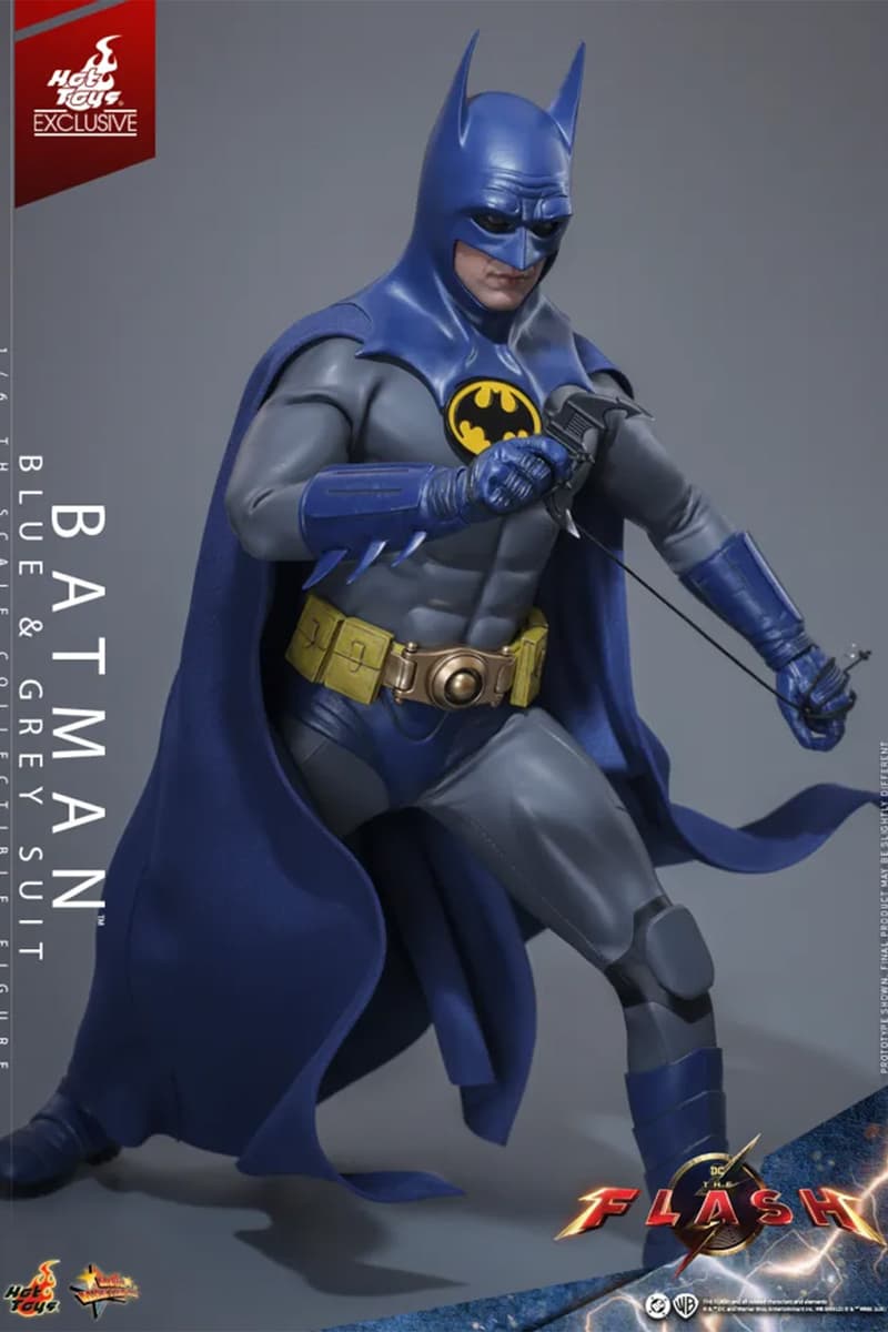 Hot Toys Batman (Blue & Grey Suit) sixth scale figure with blue cowl, wired cape, yellow utility belt and full accessory display