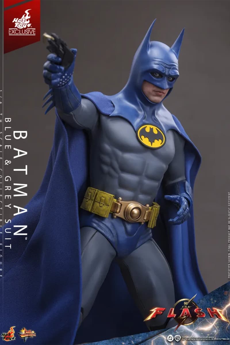 Hot Toys Batman (Blue & Grey Suit) sixth scale figure with blue cowl, wired cape, yellow utility belt and full accessory display