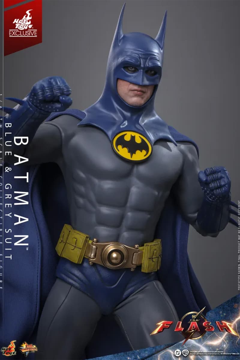Hot Toys Batman (Blue & Grey Suit) sixth scale figure with blue cowl, wired cape, yellow utility belt and full accessory display