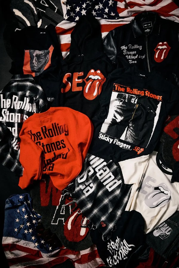 WIND AND SEA and The Rolling Stones Celebrate Rock and Roll Heritage With FW25 Collab varsity jackets leather jackets cobranding sticky fingers graphics
