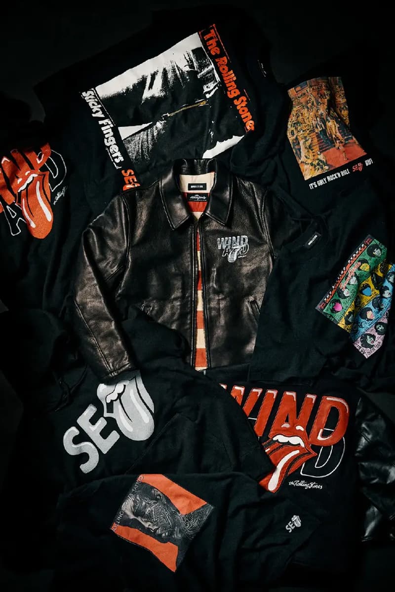 WIND AND SEA and The Rolling Stones Celebrate Rock and Roll Heritage With FW25 Collab varsity jackets leather jackets cobranding sticky fingers graphics