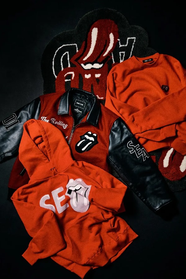 WIND AND SEA and The Rolling Stones Celebrate Rock and Roll Heritage With FW25 Collab varsity jackets leather jackets cobranding sticky fingers graphics