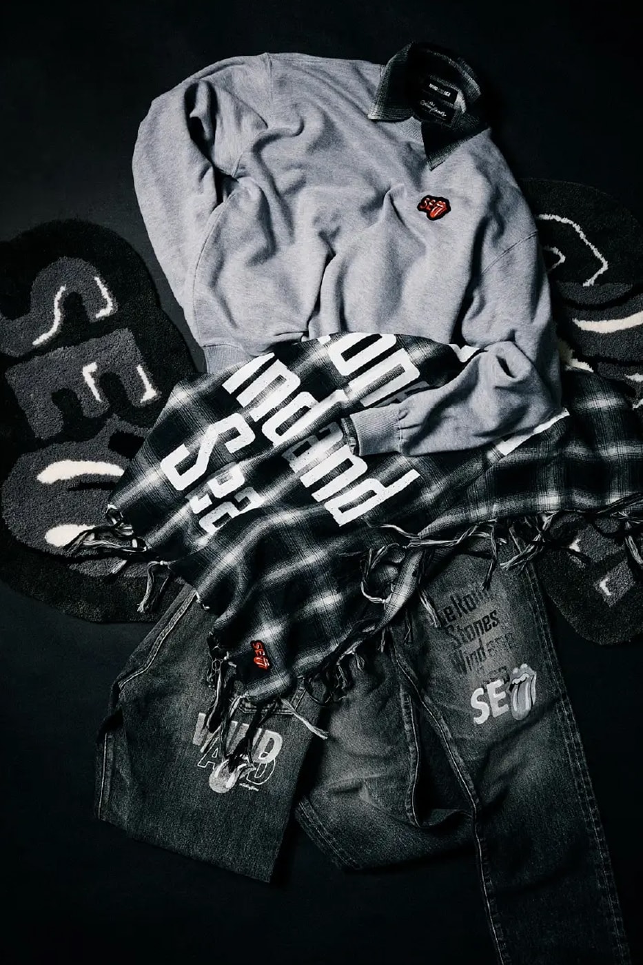 WIND AND SEA and The Rolling Stones Celebrate Rock and Roll Heritage With FW25 Collab varsity jackets leather jackets cobranding sticky fingers graphics