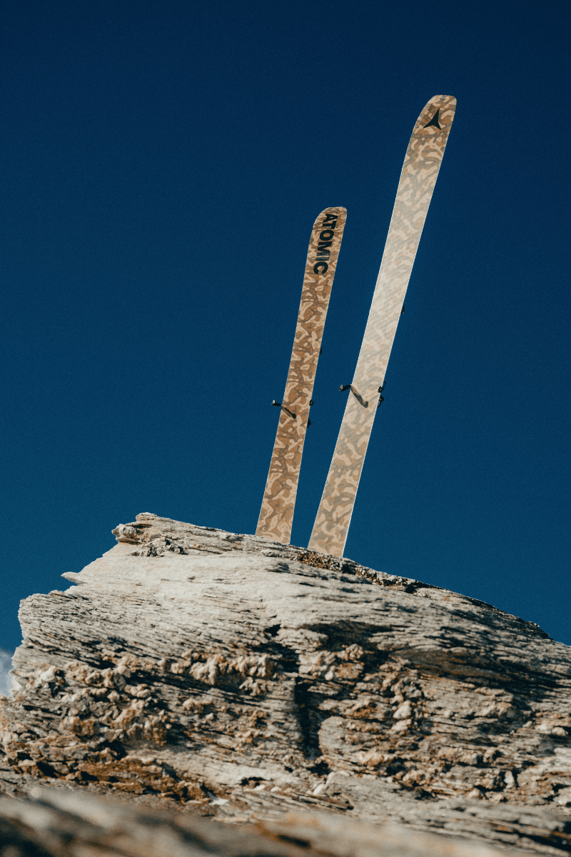 Arc’teryx and Atomic Drop New 2025 Grottoflage Collection, Maverick 105 CTI and Maven 103 CTI skis, Craig Murray and Tonje Kvivik, Grottoflage Maverick 115 CTI