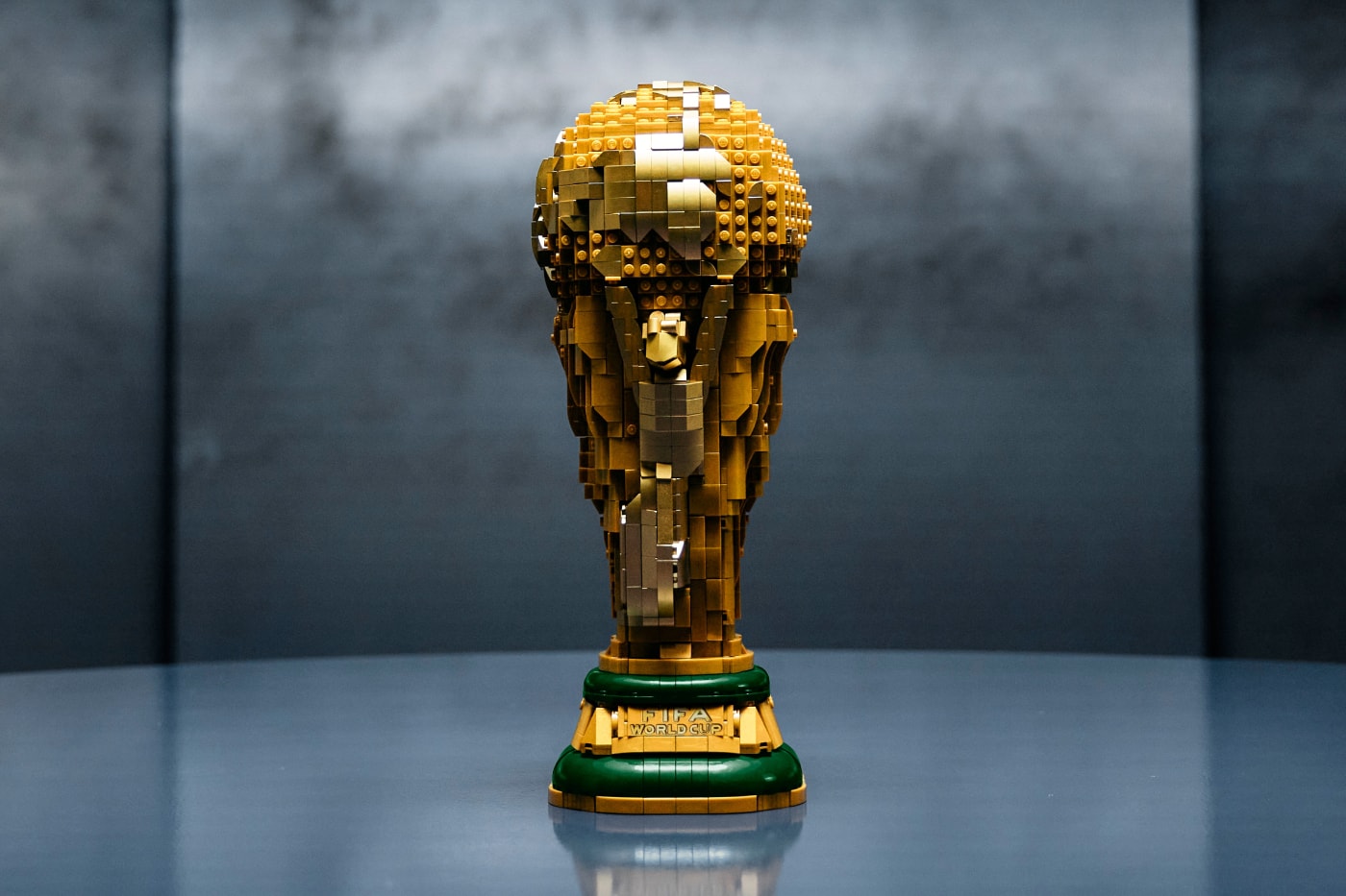 LEGO Editions 2,842-piece FIFA World Cup Official Trophy 1:1 replica with hidden interior diorama and minifigure display