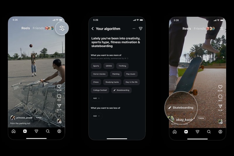 Instagram Your Algorithm interface showing AI-powered Reels topic controls and personalized interests overview