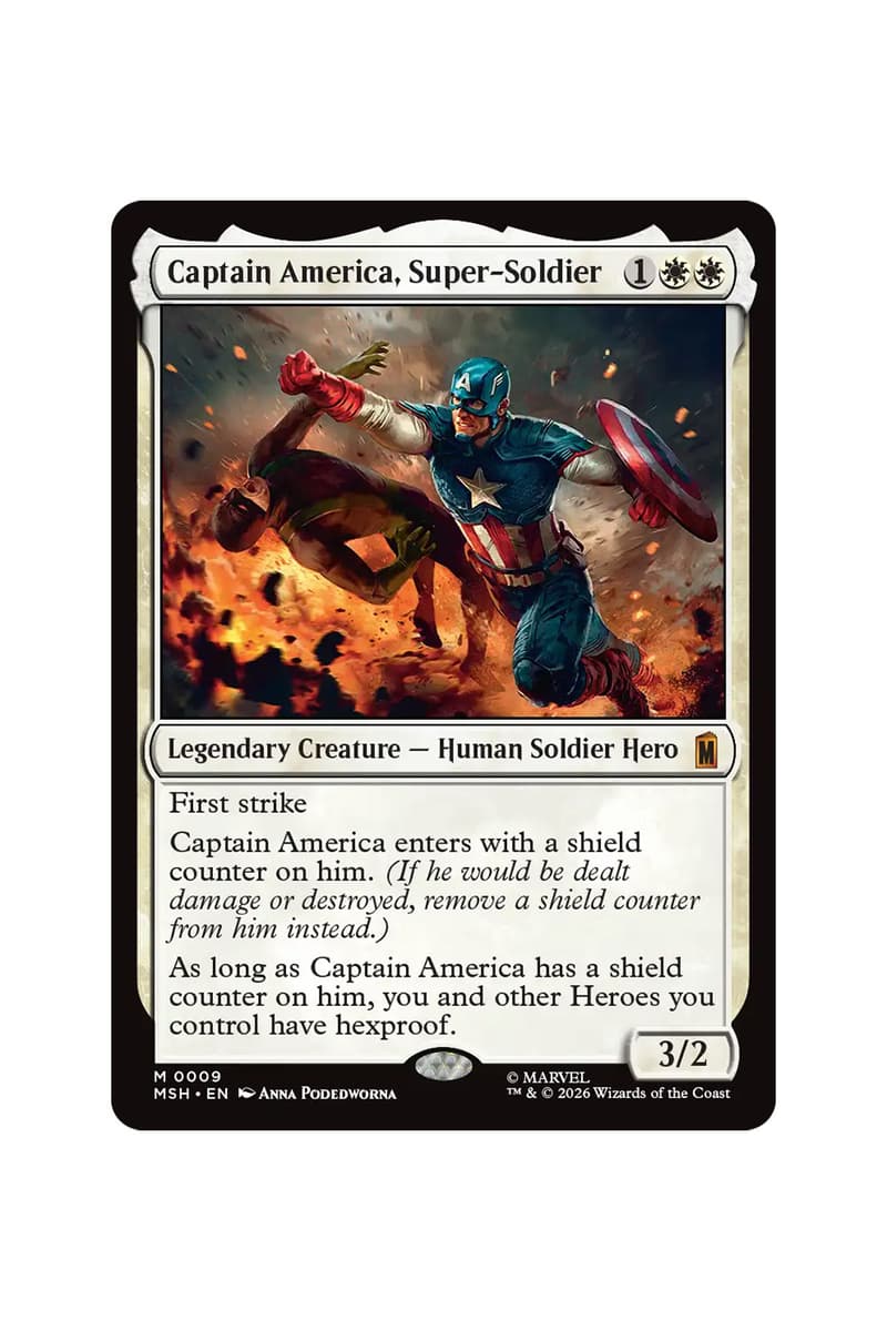 Preview cards from Magic: The Gathering x Marvel Super Heroes Universes Beyond set featuring heroes, villains, and comic-style art