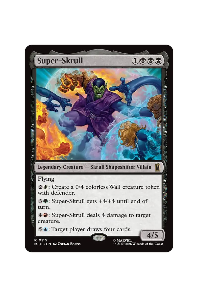 Preview cards from Magic: The Gathering x Marvel Super Heroes Universes Beyond set featuring heroes, villains, and comic-style art