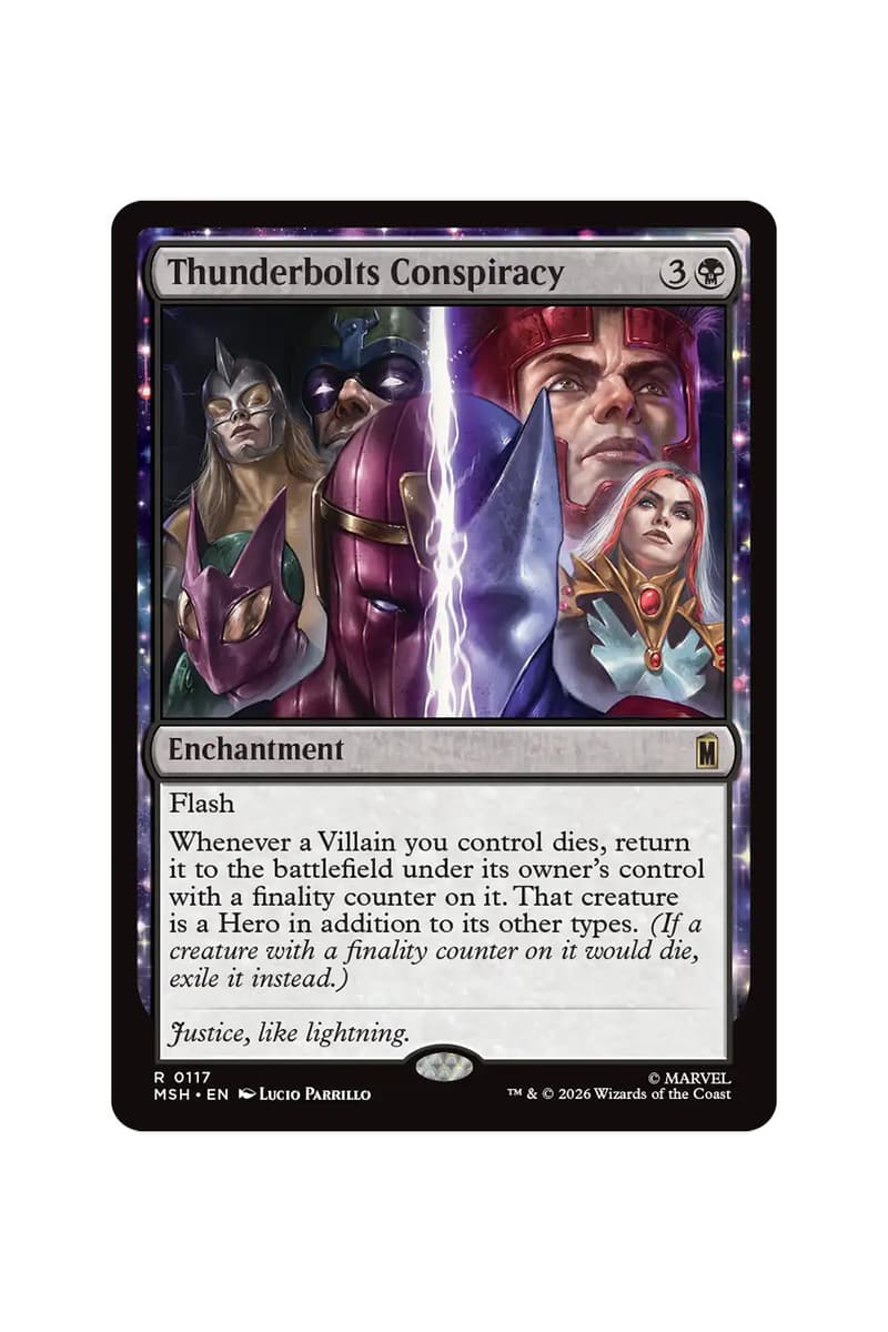 Preview cards from Magic: The Gathering x Marvel Super Heroes Universes Beyond set featuring heroes, villains, and comic-style art