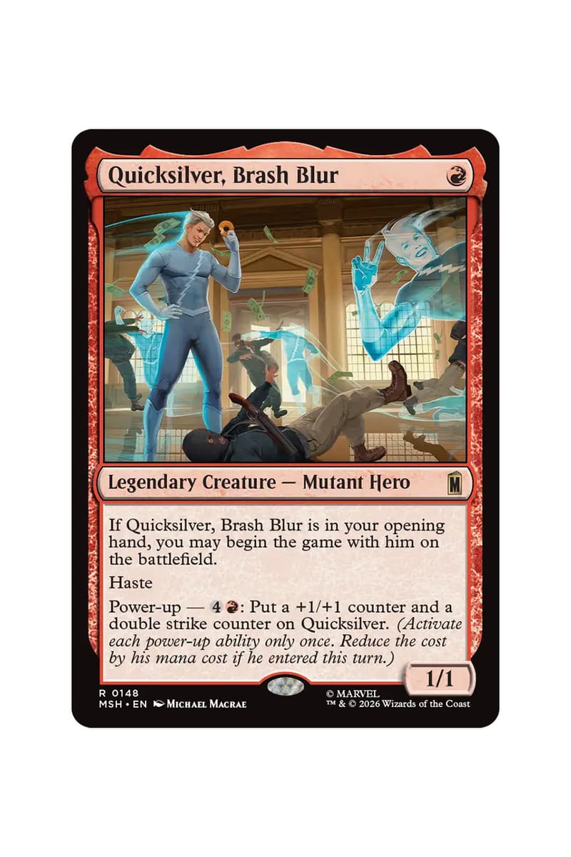 Preview cards from Magic: The Gathering x Marvel Super Heroes Universes Beyond set featuring heroes, villains, and comic-style art