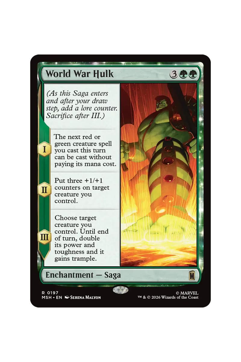 Preview cards from Magic: The Gathering x Marvel Super Heroes Universes Beyond set featuring heroes, villains, and comic-style art