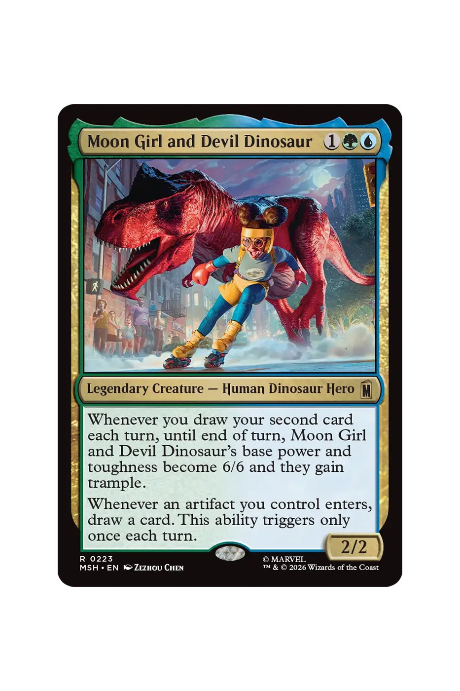 Preview cards from Magic: The Gathering x Marvel Super Heroes Universes Beyond set featuring heroes, villains, and comic-style art