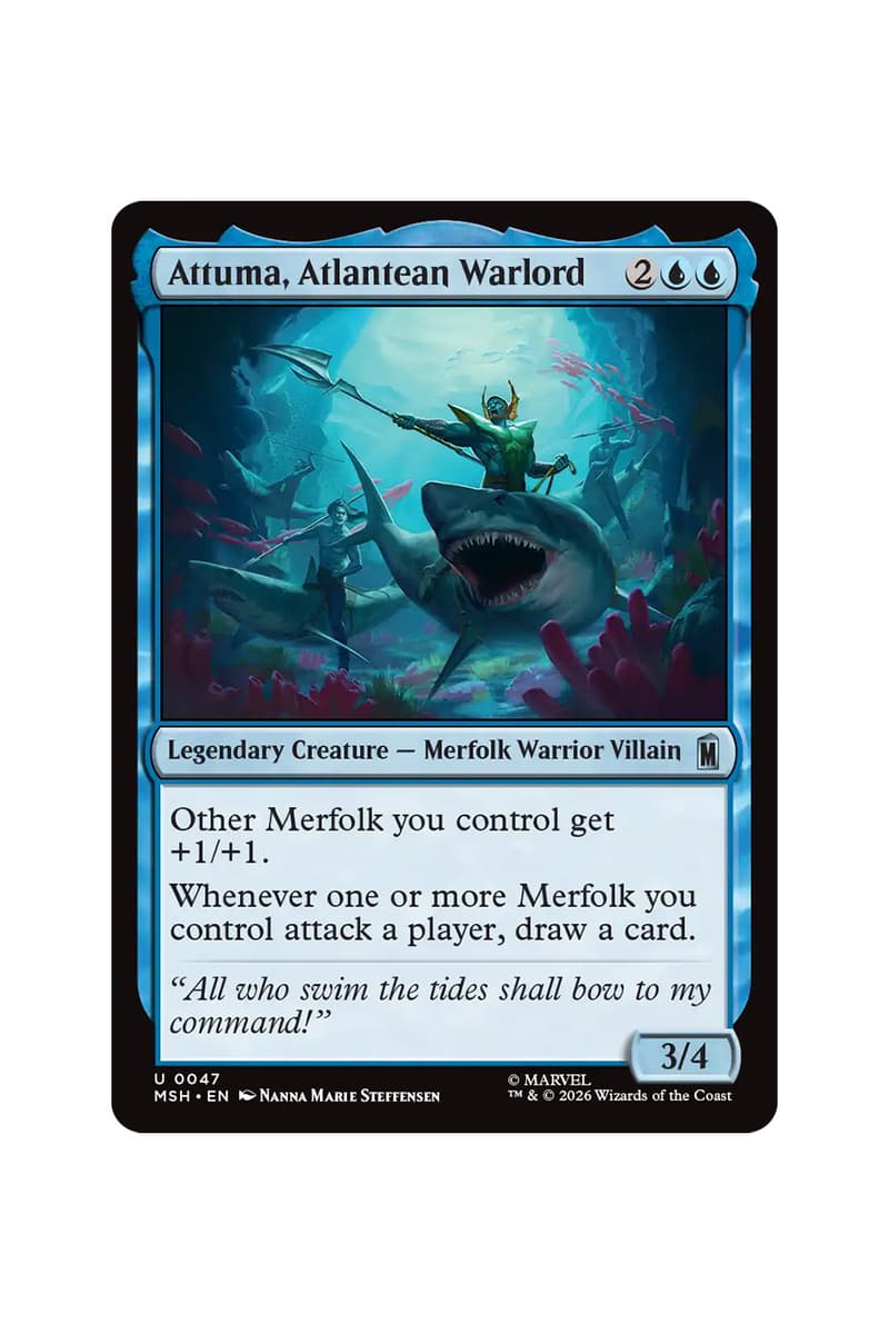 Preview cards from Magic: The Gathering x Marvel Super Heroes Universes Beyond set featuring heroes, villains, and comic-style art