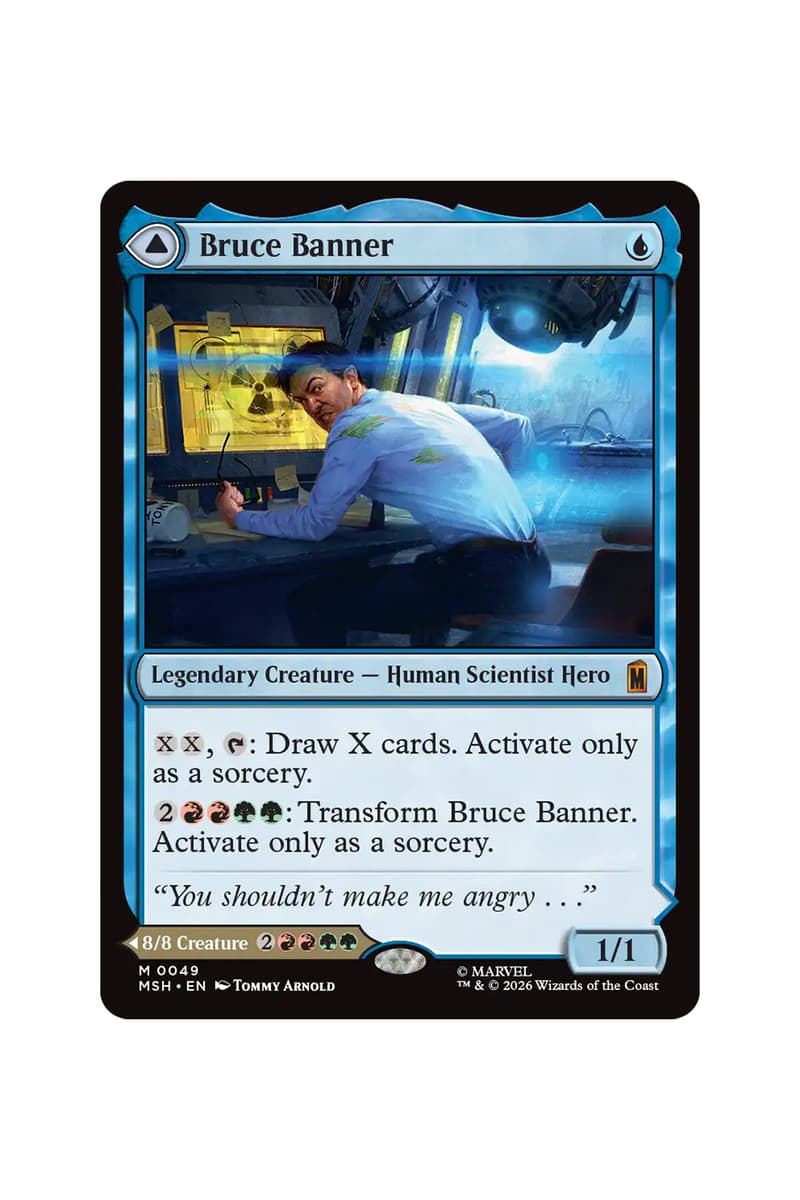 Preview cards from Magic: The Gathering x Marvel Super Heroes Universes Beyond set featuring heroes, villains, and comic-style art