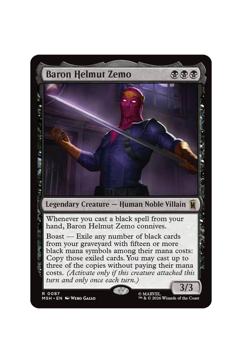 Preview cards from Magic: The Gathering x Marvel Super Heroes Universes Beyond set featuring heroes, villains, and comic-style art