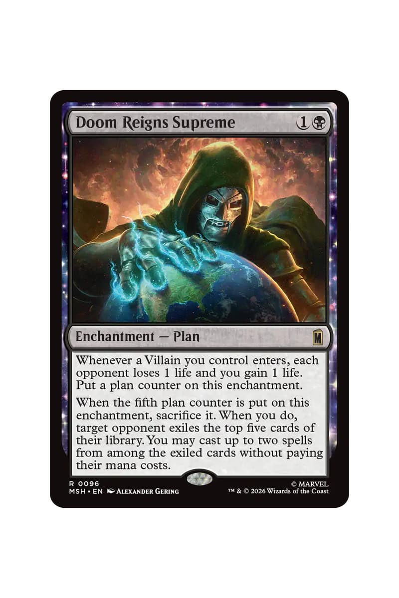 Preview cards from Magic: The Gathering x Marvel Super Heroes Universes Beyond set featuring heroes, villains, and comic-style art