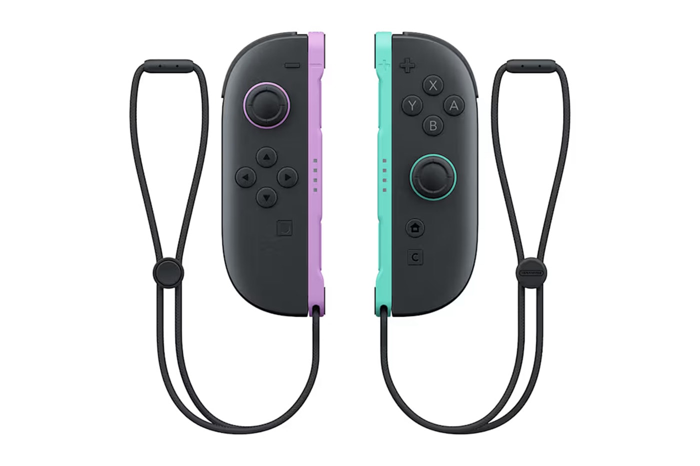 Nintendo Switch 2 Joy-Con 2 controllers in Light Purple and Light Green with graphite shells showing pastel rings and rails