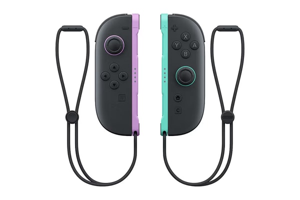 Nintendo Switch 2 Joy-Con 2 controllers in Light Purple and Light Green with graphite shells showing pastel rings and rails