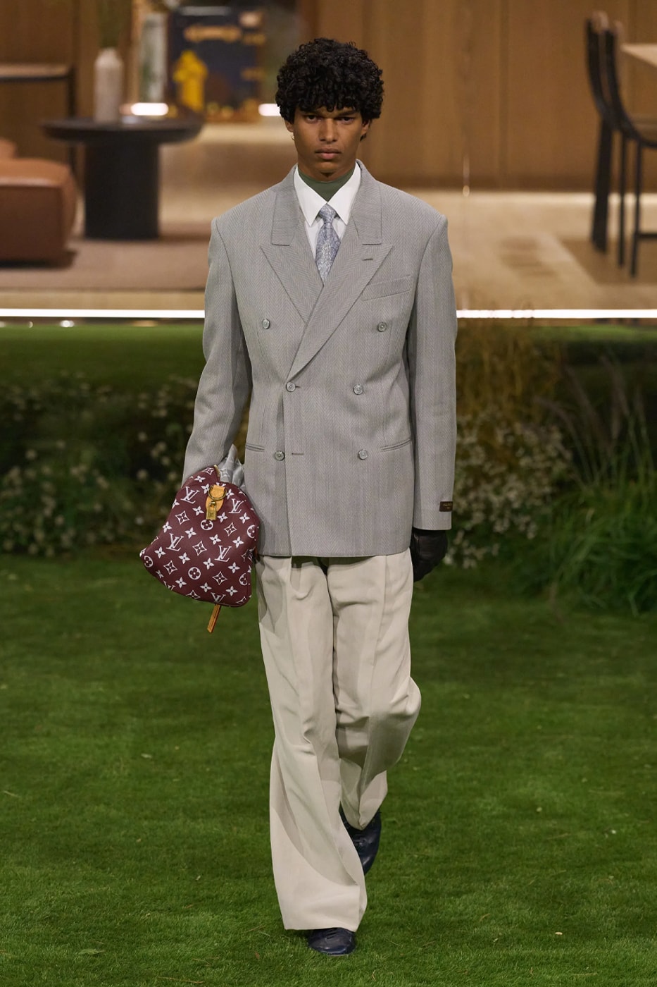 Louis Vuitton FW26 runway look double-breasted suit