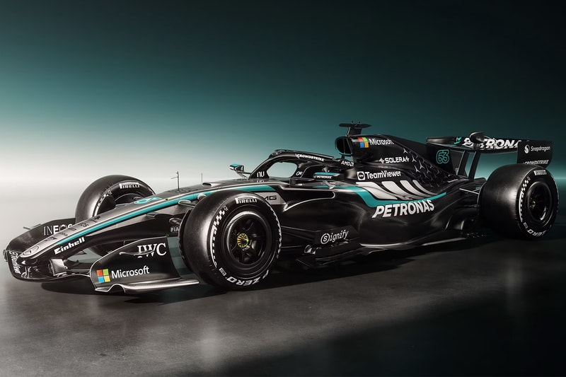 Mercedes-AMG PETRONAS W17 2026 F1 car in black-and-silver livery with Petronas green detailing and Microsoft branding