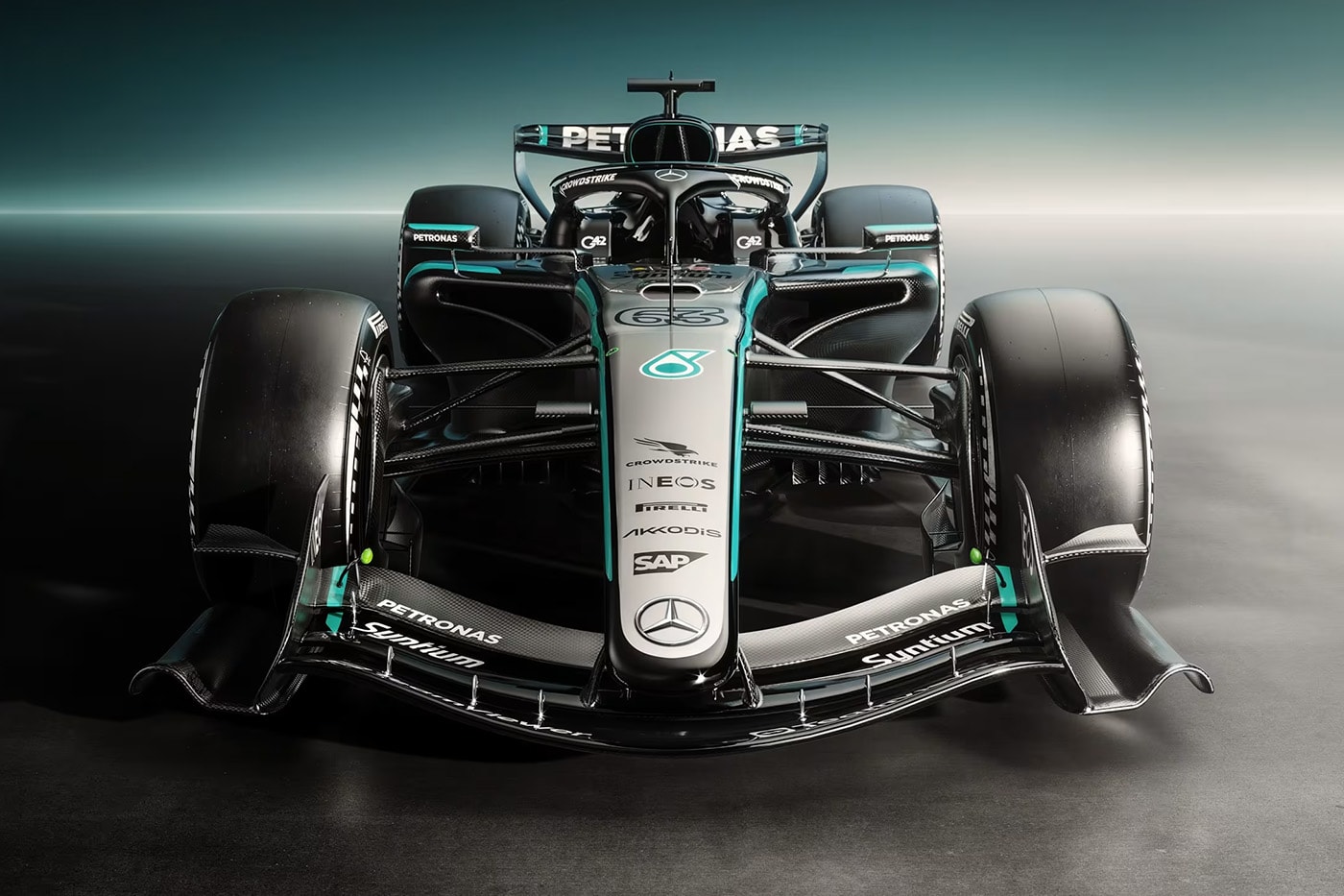 Mercedes-AMG PETRONAS W17 2026 F1 car in black-and-silver livery with Petronas green detailing and Microsoft branding