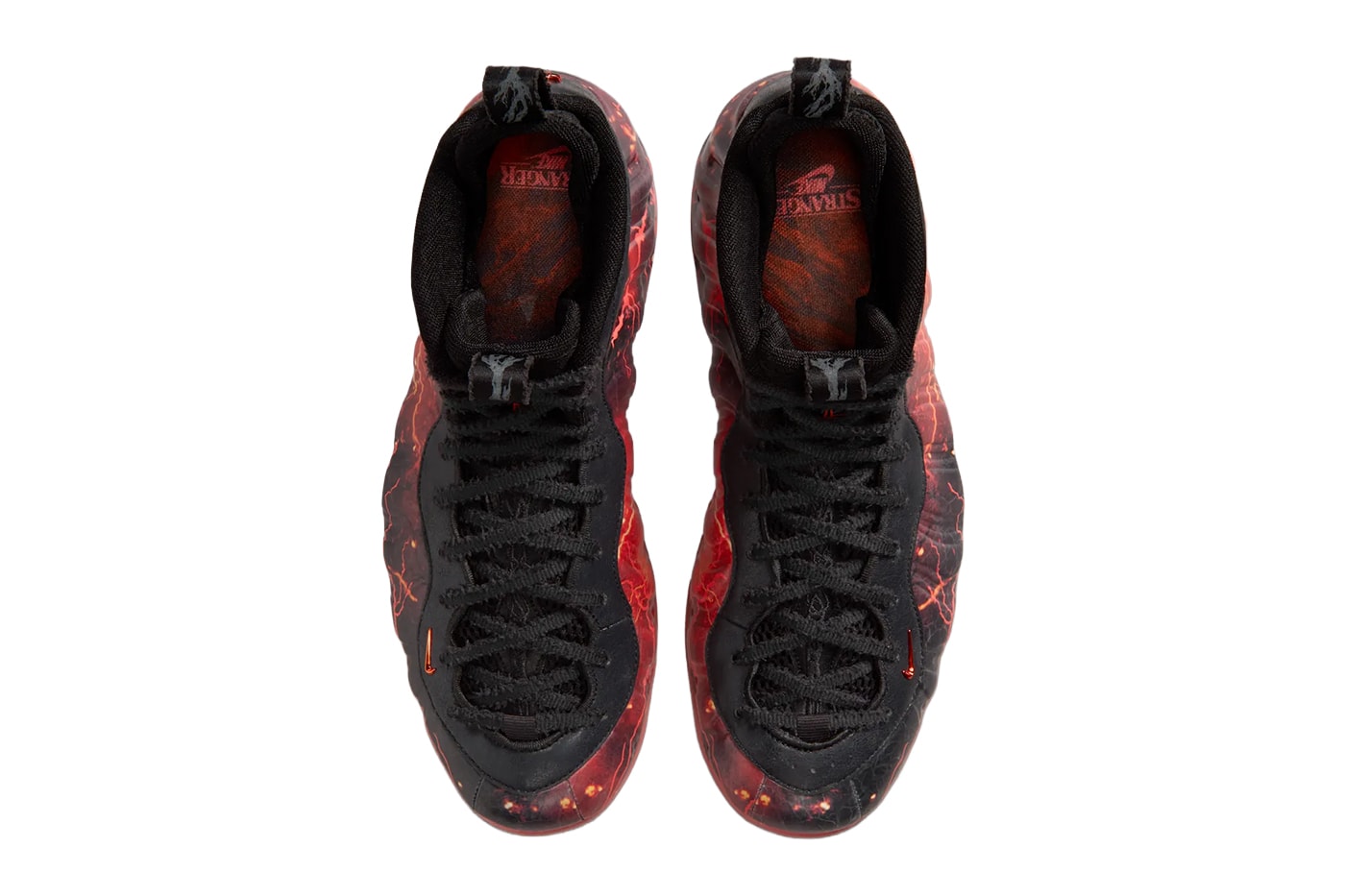 Stranger Things x Nike Air Foamposite One PRM QS Red Black top view with lace and tongue details