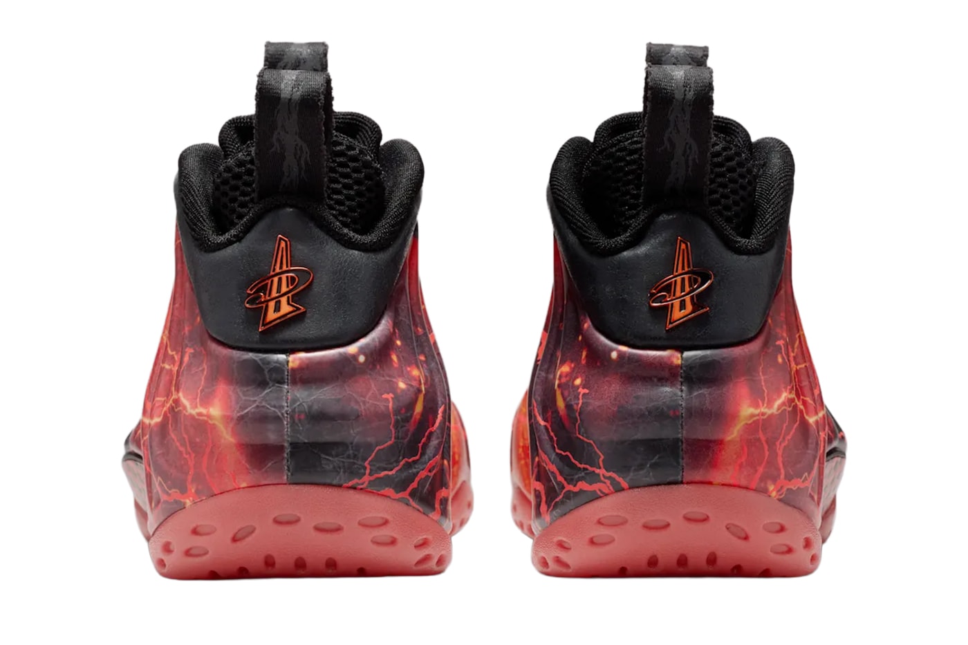 Stranger Things x Nike Air Foamposite One PRM QS Red Black heel view showing inverted Penny Hardaway logo