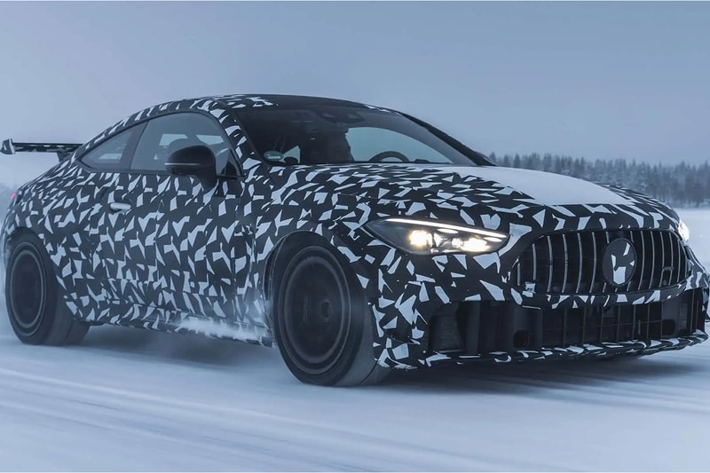 Camouflaged Mercedes-AMG Mythos CLE prototype with wide body, big rear wing and V8 undergoing cold-weather testing in Sweden