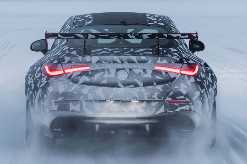 Camouflaged Mercedes-AMG Mythos CLE prototype with wide body, big rear wing and V8 undergoing cold-weather testing in Sweden
