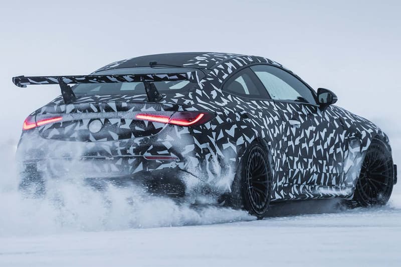 Camouflaged Mercedes-AMG Mythos CLE prototype with wide body, big rear wing and V8 undergoing cold-weather testing in Sweden