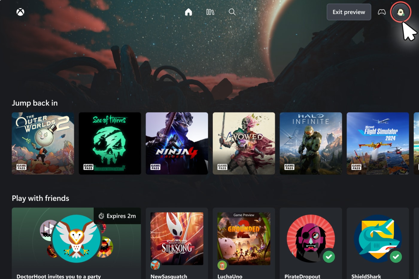 Redesigned Xbox Cloud Gaming browser interface showing console-style dashboard with rounded tiles and game library view