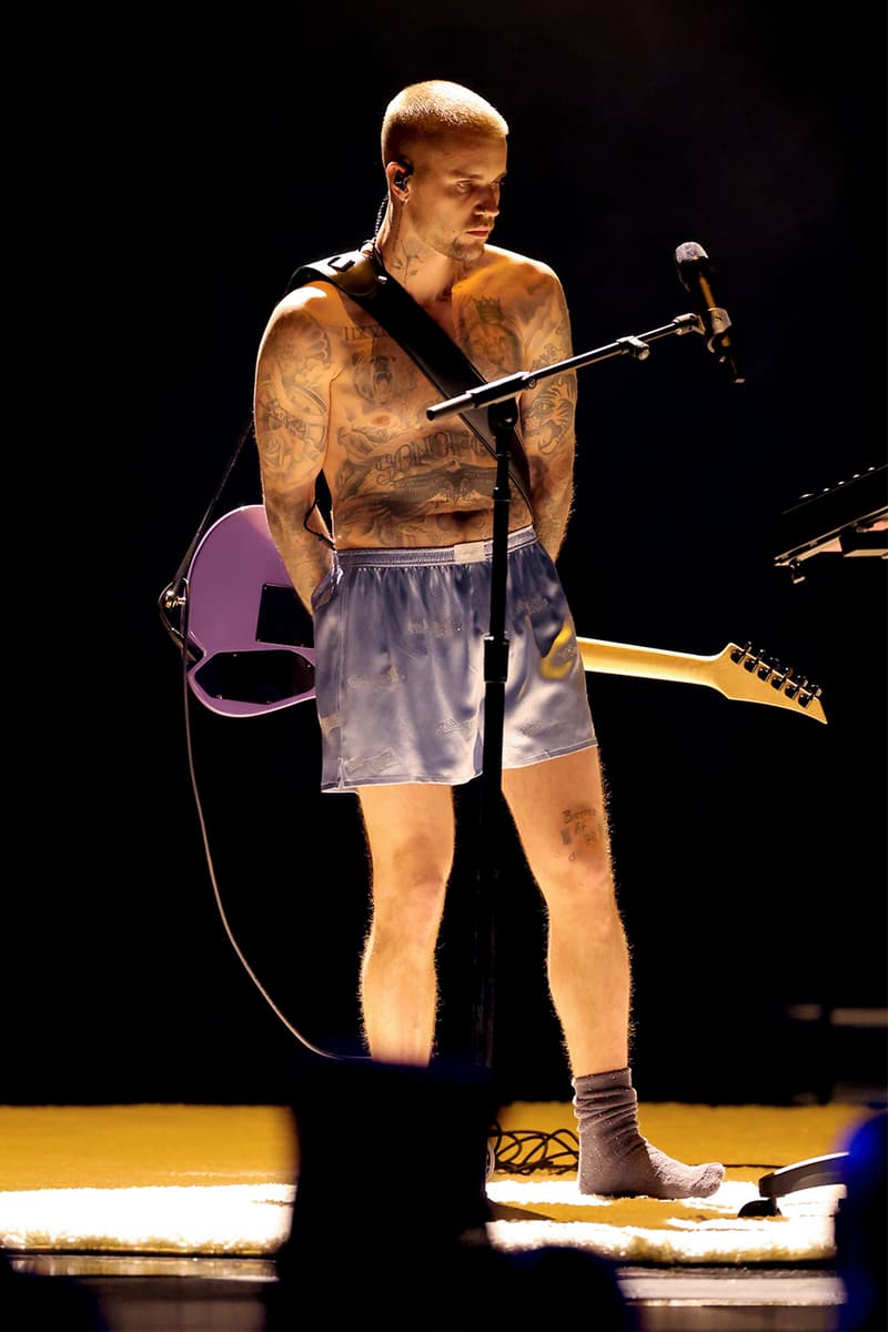 Justin Bieber 2026 Grammy Awards Balenciaga Suit Shirtless SKYLRK BOXERS Yukon performance 