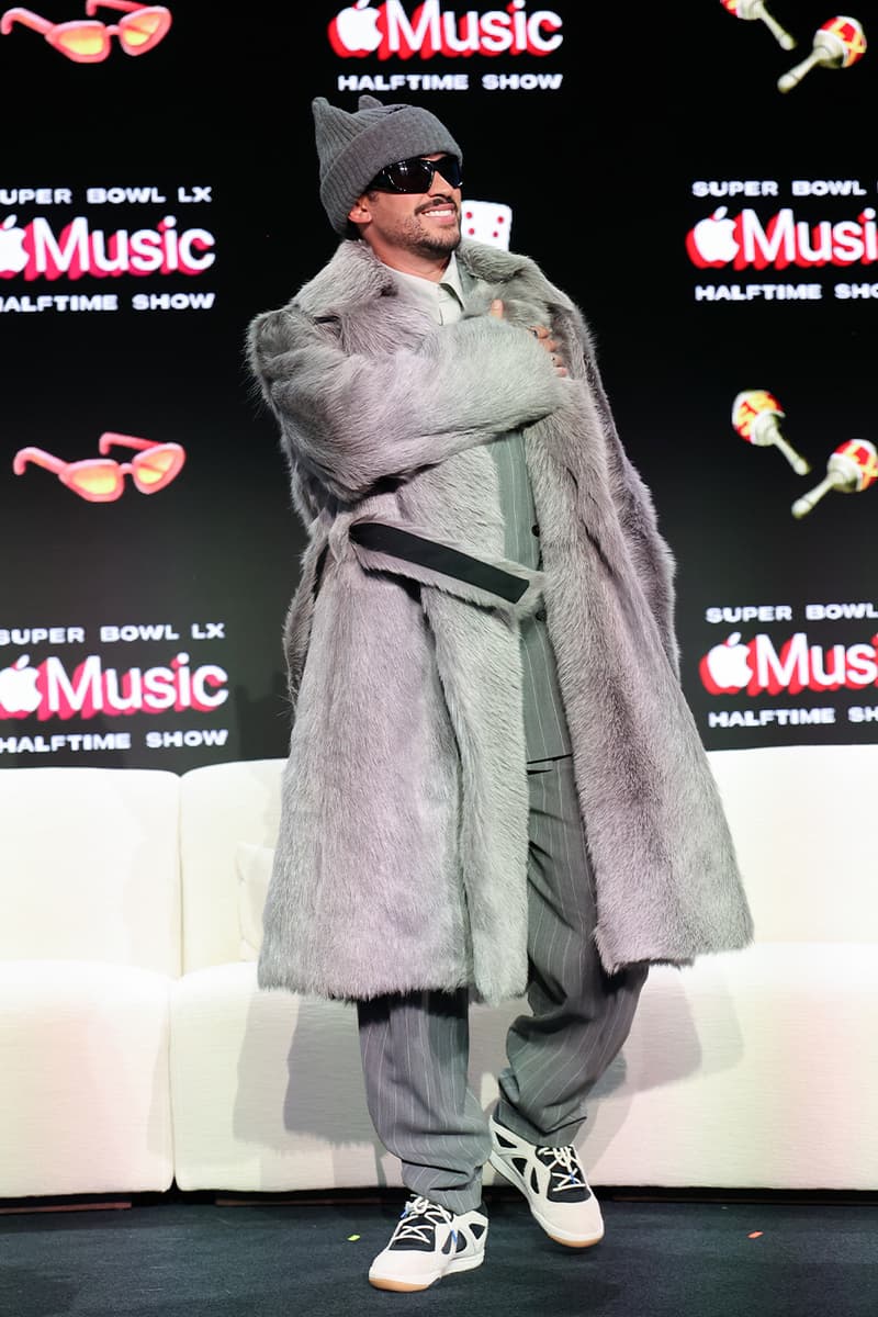 Fit Check: Bad Bunny Arrives in a Bottega Veneta Suit and Never-Before-Seen adidas BadBo 1.0s at Apple Music Super Bowl LIX Halftime Show Press Conference