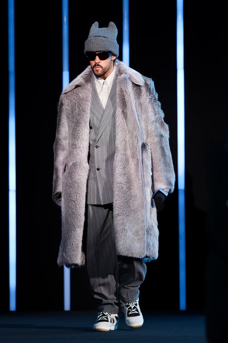 Fit Check: Bad Bunny Arrives in a Bottega Veneta Suit and Never-Before-Seen adidas BadBo 1.0s at Apple Music Super Bowl LIX Halftime Show Press Conference