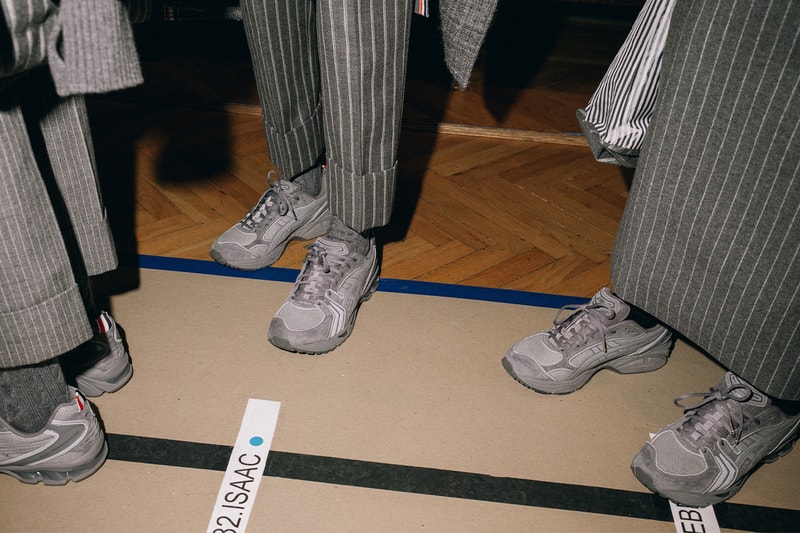 Thom Browne Debuts ASICS GEL-KAYANO 14 Collaboration Fall 2026 gq bowl show in san francisco sneaker grey black white suede elevated