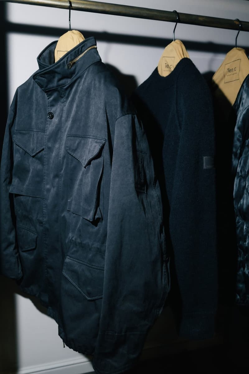 Ten C comoli capsule collection japanese italian suit material hooded coat field jacket satin liner nylon tactel crinkle fabric knit pants crewneck