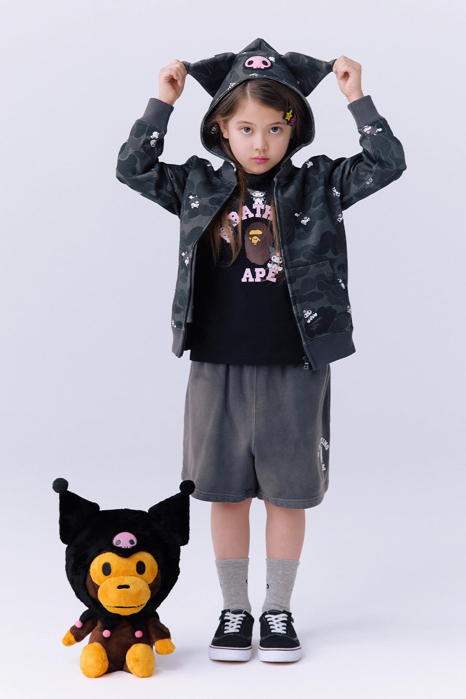 A BATHING APE and Sanrio Reunite for a Kuromi and Hello Kitty SS26 Collection abc camo clothes apparel