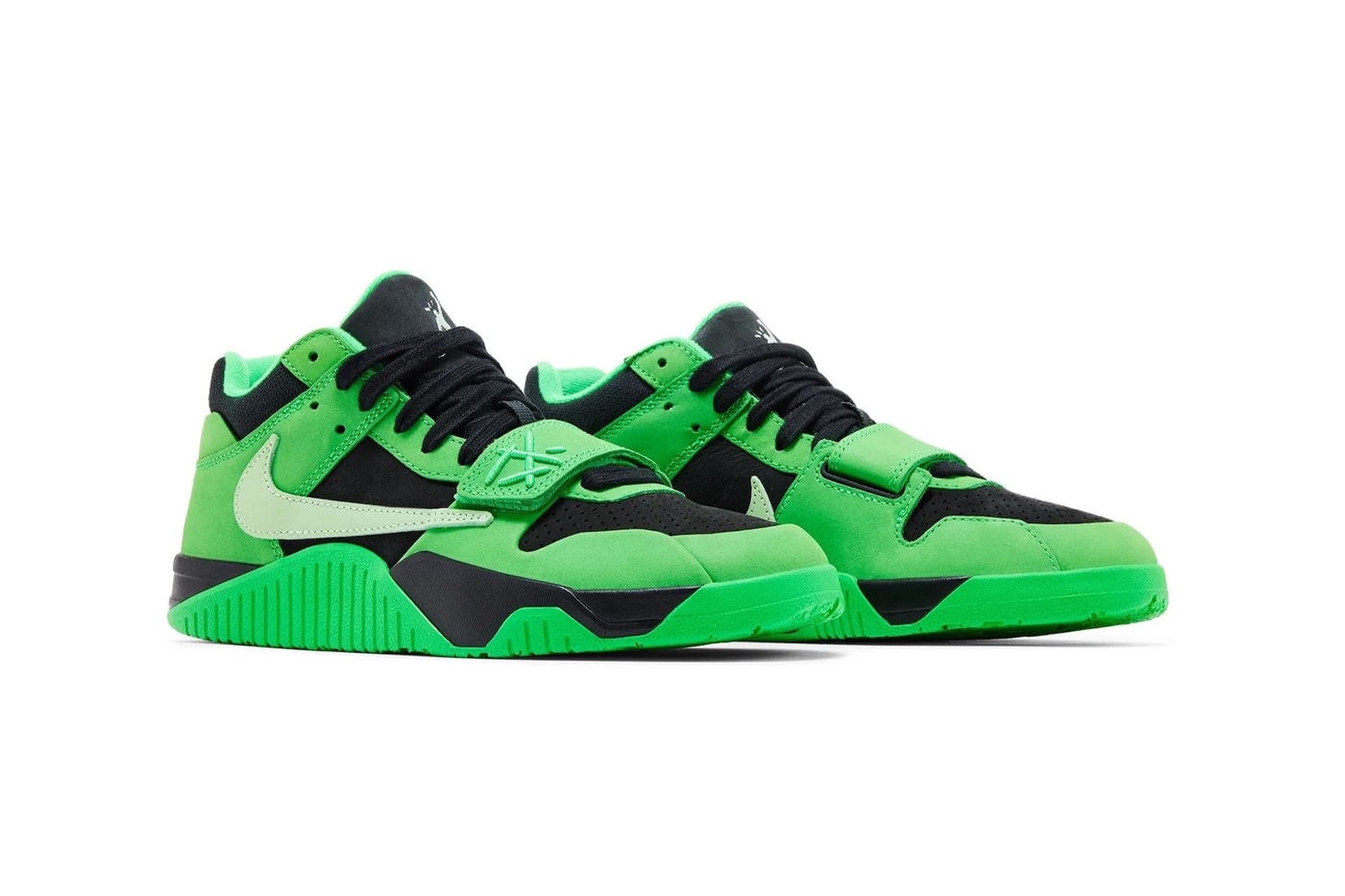 Travis Scott x Jordan Jumpman Jack Green Spark hero image showing the green and black sneaker
