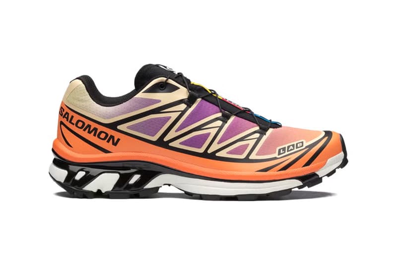 Salomon XT-6 Black/Almond Cream sneaker featuring orange and purple accents on cream base with black overlays - detail view 2