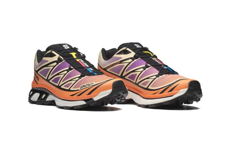 Salomon XT-6 Black/Almond Cream sneaker featuring orange and purple accents on cream base with black overlays - detail view 3