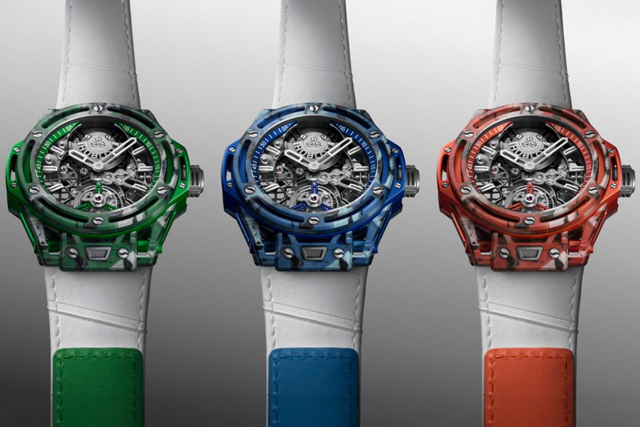 Hublot Big Bang Tourbillon Novak Djokovic GOAT Edition Trilogy watches orange green blue court limited Super-LumiNova® S-shaped titanium screw heads tennis call strap tape 