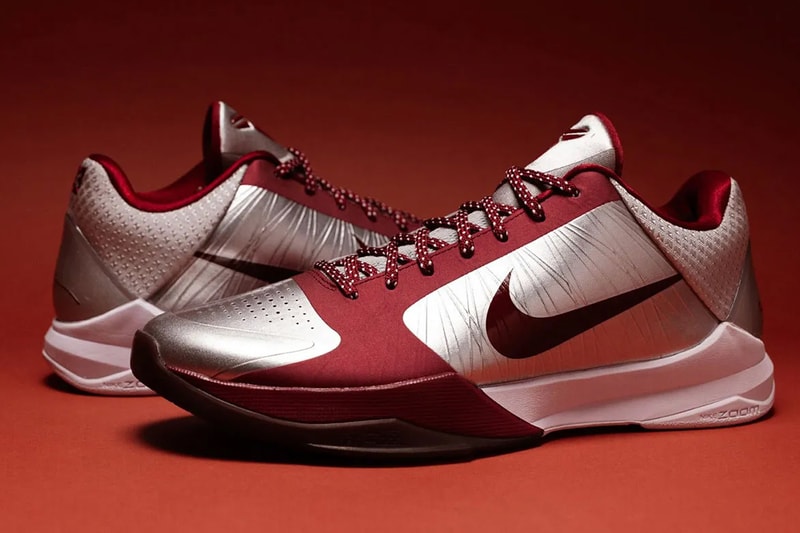 Closer Look at the Nike Kobe 5 Protro "Lower Merion Aces Away" kobe bryant nba basketball shoes sneakers black mamba mentality Metallic Silver/Team Red-White