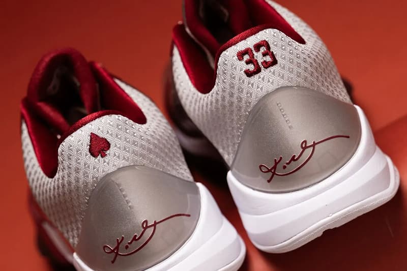 Nike Kobe 5 Protro Lower Merion Aces Away in metallic silver and team red, side view - detail view 4