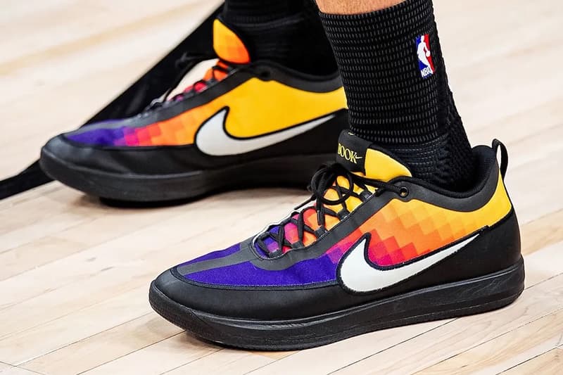 Devin Booker's Nike Book 2 "The Valley" PE featuring a pixel-style sunset gradient in magenta, red, orange, and yellow across the mesh upper - detail view 2